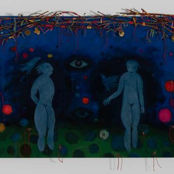 "Spirit World" Two figures on a vibrant blue background w/thread wrapped branches across the top.