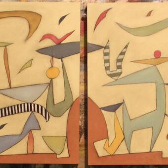 Diptych, Oil on Panels, Abstract Figures in a Landscape, SOLD