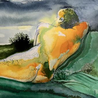 Ink and watercolor landscape with nude