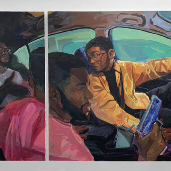 3 men sitting in a car painted across 2 panels. The man sitting in the foreground is turning which is marked by the split between canvases