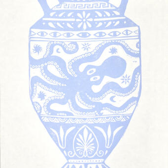 sky blue linoleum print of a classical vase with two small handles near the mouth. the vase is decorated with a central image of a large octopus framed by bands of repeating Greek-inspired patterns.