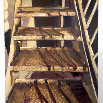A painting of stairs that are rusted with light coming from the right 