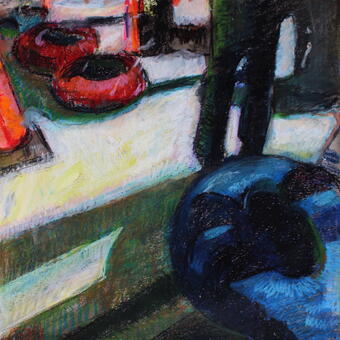 A stylized image of a person standing in between snow tubes, with a strong light coming from the right. 