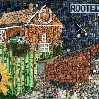 3' x 5' mosaic panel with a barn and covered bridge