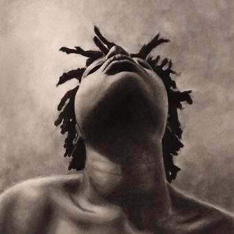 Charcoal/graphite self portrait of artist with head tilted back and eyes closed, exposing crown of free form locs.