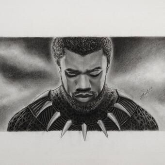 Mixed media portrait showing Chadwick Boseman as “The Black Panther” entering the ancestral realm. He wears his armor without his helmet, head bowed in prayer. 