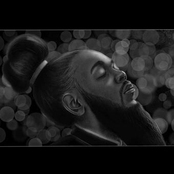 Mixed media portrait of rapper Kendrick Lamar with a long beard, his hair pulled up in a tight bun and a zen like look on his face.