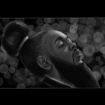 Mixed media portrait of rapper Kendrick Lamar with a long beard, his hair pulled up in a tight bun and a zen like look on his face.