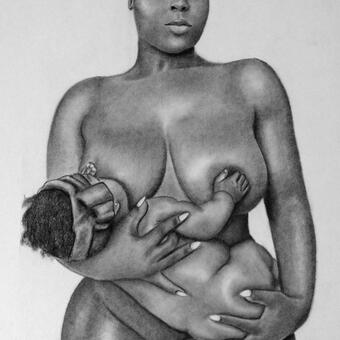 Graphite portrait of black mother with her infant draped across her torso, nursing. Gazing ahead, the mother holds the baby with a firm, yet gentle grip 