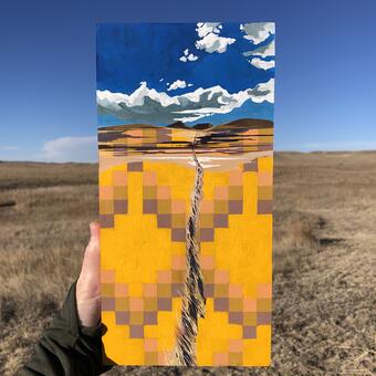 yellow and gold folk art patterns with prairie landscape blue sky and clouds