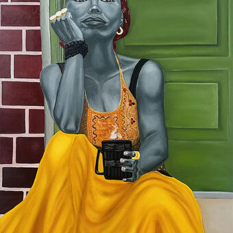 Painting of woman in draped yellow skirt and top with a red bandanna sitting on her front stoop sipping a steaming beverage