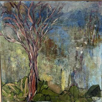 20x20 wood cradle acrylic mixed media that has a single tree on the left side of  the painting. the background is an abstract view of a meadow 