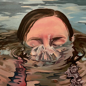 "Immersed"is an acrylic painting that depicts the artist descending underwater. Her face is partly hidden as she blows bubbles onto the surface.