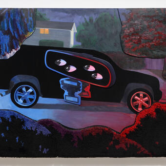 A side view of a SUV with big rims in what looks like a residential area. It is hard to tell because the bushes and trees create a vignette around the SUV. There is a large rearview mirror with projecting eyes collaged on top of the SUV in a nonsensical way. The entire landscape is draped in blue and red lights (the eyes in the rearview are still white) indicating police is behind the SUV.