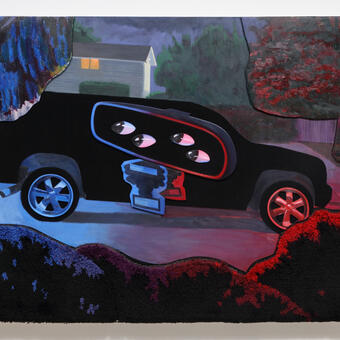 A side view of a SUV with big rims in what looks like a residential area. It is hard to tell because the bushes and trees create a vignette around the SUV. There is a large rearview mirror with projecting eyes collaged on top of the SUV in a nonsensical way. The entire landscape is draped in blue and red lights (the eyes in the rearview are still white) indicating police is behind the SUV.