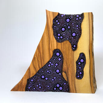 A piece of live-edge wood with three intricately carved sections containing many small raised orbs painted purple against a dark background.