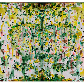 A 40 x 60 diptych painting of a garden / pelvis bone using gestural marks in vibrant greens and pinks