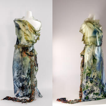 Dress made out of bioplastics, an algae derivatives, colored with turmeric, spirulina, and indigo pigments