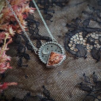 Silver Necklace with mountain shaped stone and night skyscape