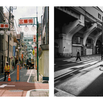 Two photographs: a utilities worker standing in front of a street blocked off for road work (L); a black-and-white shot of a businessman crossing the street (R).