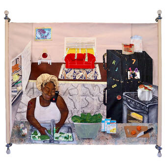 Image of self-constructed canvas scroll, "Sadie's Home" by Hope and Faith McCorkle. Artwork features a black woman in a kitchen preparing a meal. She is wearing a gold bonnet and a white tank top, a phone is tucked under her left cheek while her hands are in a sink washing collard greens. There is a refrigerator and stove to the right of the piece, more greens, jiffy cornbread, and onions rest on a counter top. There is a red couch and photo of twin babies in the living room.