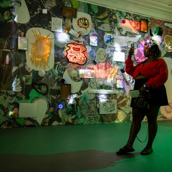 a viewer in front of a video-mapped presentation