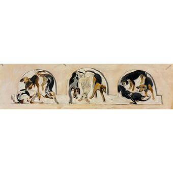 This oil painting shows three arches with three dancing hounds encircling the arches.  It is reminiscent of Matisse's The Dance, mural.