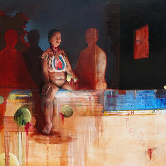 Square oil painting with seated female figure on the left flanked by three seated shadow figures in front of a partial back lit brick wall. The main figure wears a metal breast plate with a painted anatomical heart held in place by beads and leather. A wood cross hangs from her neck by ribbon and blood. Floating guavas and names of women Mexicana Revolutionaries are placed in various areas of the composition. A blue eyed person looks on through a window on the left. Earthtones, Reds, Blue. 