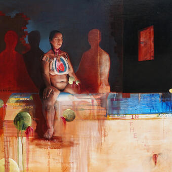 Square oil painting with seated female figure on the left flanked by three seated shadow figures in front of a partial back lit brick wall. The main figure wears a metal breast plate with a painted anatomical heart held in place by beads and leather. A wood cross hangs from her neck by ribbon and blood. Floating guavas and names of women Mexicana Revolutionaries are placed in various areas of the composition. A blue eyed person looks on through a window on the left. Earthtones, Reds, Blue. 
