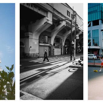 three photographs: one of a Japanese building behind a tree, one of a man crossing the street, one of four cheerleaders performing at Shinjuku Station.