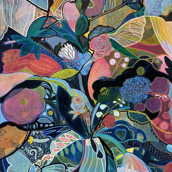 A burst of vibrant floral vase with diverse plants, birds and moths mix together in a colorful, energetic scene.