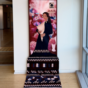 portrait of salua in surreal lebanese flower market that turns into a rug with archival lebanese stamp