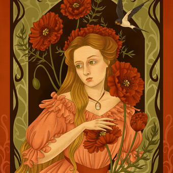 art nouveau style self portrait with oversized poppies and a barn swallow
