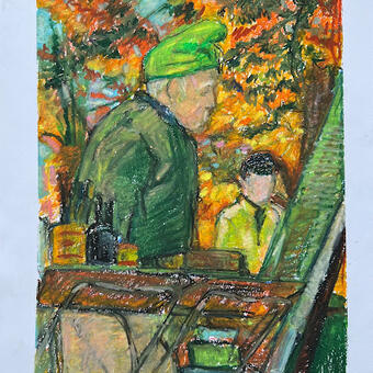 A drawing of two people painting with fall leaves behind them 