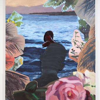 A painting with plants and flowers as a vignette around two central figures. One woman swimming and a young man closer to the viewer in the ocean. 