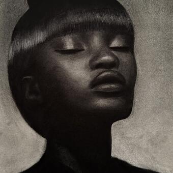 Charcoal portrait of a dark-skinned figure with eyes closed, head tilted upward, and subtle horns atop the head. The expression is calm and powerful, evoking sacred stillness and inner strength.