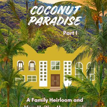 Hotel in the middle of a coconut tree farmland with mountains in the back.