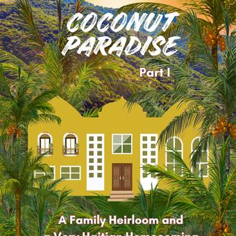 Hotel in the middle of a coconut tree farmland with mountains in the back.