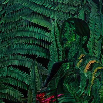 An oil painting of a woman partially camouflaged by overlapping fern leaves. Her face is cupped by one of her hands, which is gently held by her other hand. The ferns, with zipper-like shapes, appear over her skin and in the background, blending her into her surroundings. Her expression is guarded and introspective. The colors are shades of green with vibrant pinks and yellows on the woman's clothes. 