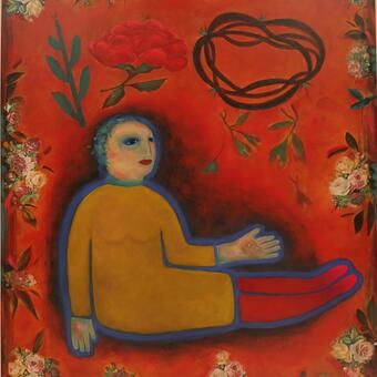 Seated figure among botanical images