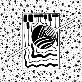 Black and white abstract drawing of a rectangle containing circular and wavy patterns, with dots and lines extending outward, set against a background of scattered star-like marks
