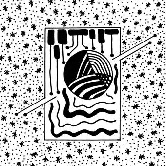 Black and white abstract drawing of a rectangle containing circular and wavy patterns, with dots and lines extending outward, set against a background of scattered star-like marks