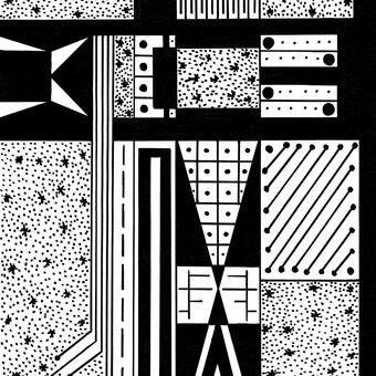 Black and white geometric abstract drawing composed of rectangles and triangles filled with dots, lines, and patterns arranged in a grid-like design