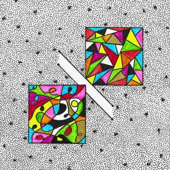 Abstract artwork with a dotted black-and-white background resembling a star field. Two colorful squares connected by a diagonal white bar feature contrasting patterns: one filled with swirling organic shapes and the other with sharp geometric triangles in bright colors.