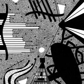 Black and white abstract drawing featuring radiating lines, geometric shapes, and dotted textures converging toward a central point of light