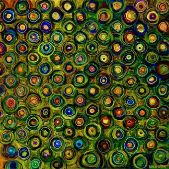 Vibrant, colorful  circles of similar sizes radiate on a background of golden yellow-green.