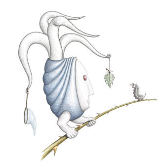 A surreal figure with a sea shell body trying to catch a caterpillar 