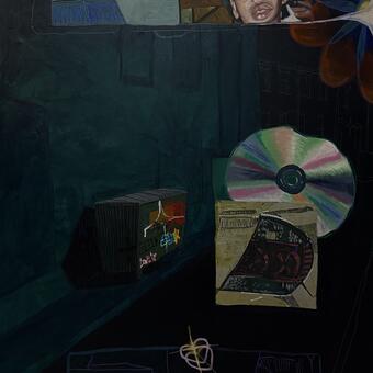 Collaged composition of elements including family photos, a CD, a cropped view of a car’s tail light, and a line drawing of a young person’s hand holding a toy wand— all placed on a main composition that shows a street (blue-green color palette) with a graffiti-covered dumpster; top right of the composition shows a stylized star