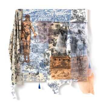 Embroidered bird women on organza composed over remnents of toile decor fabric