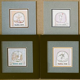 This set of four images shows two thumbnail drawing with applied double mat cut and fitted by me. The next two of four shows two thumbnail drawings framed with stock black frames.
